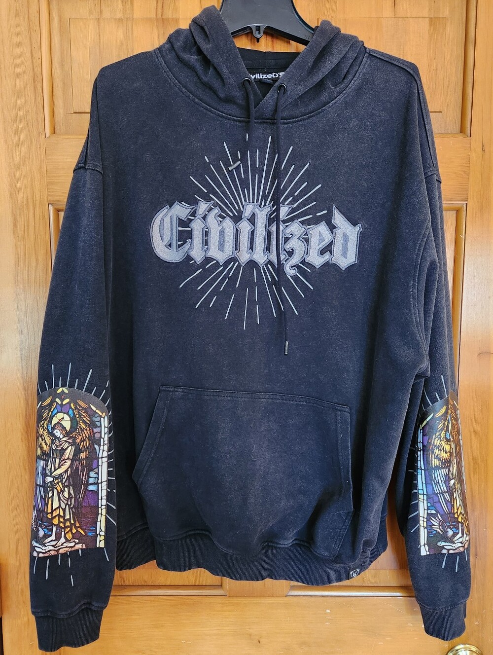 Civilized Black Graphic Hoodie with Stained Glass Art - Size XL